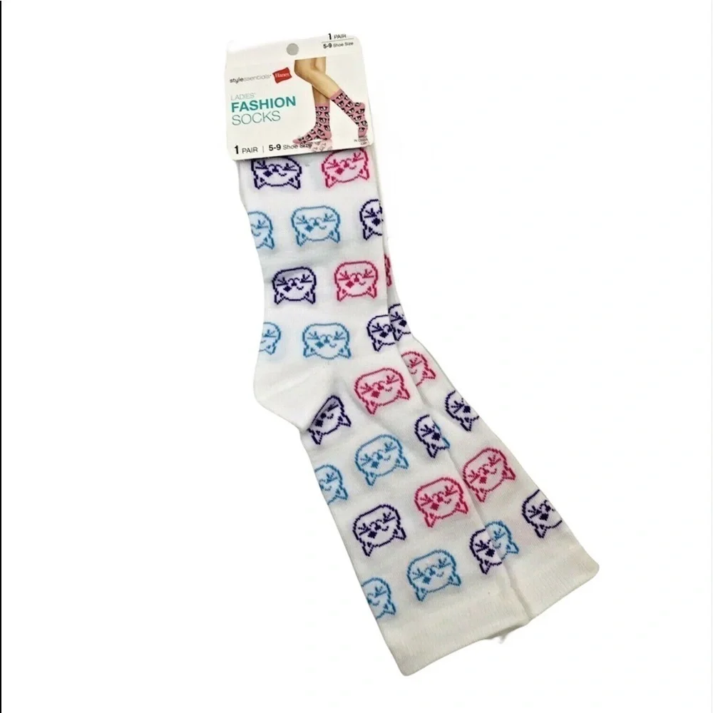 Hanes Cat Print Socks Novelty Pink Purple Blue Multicolor Womens Shoe Size 5-9
